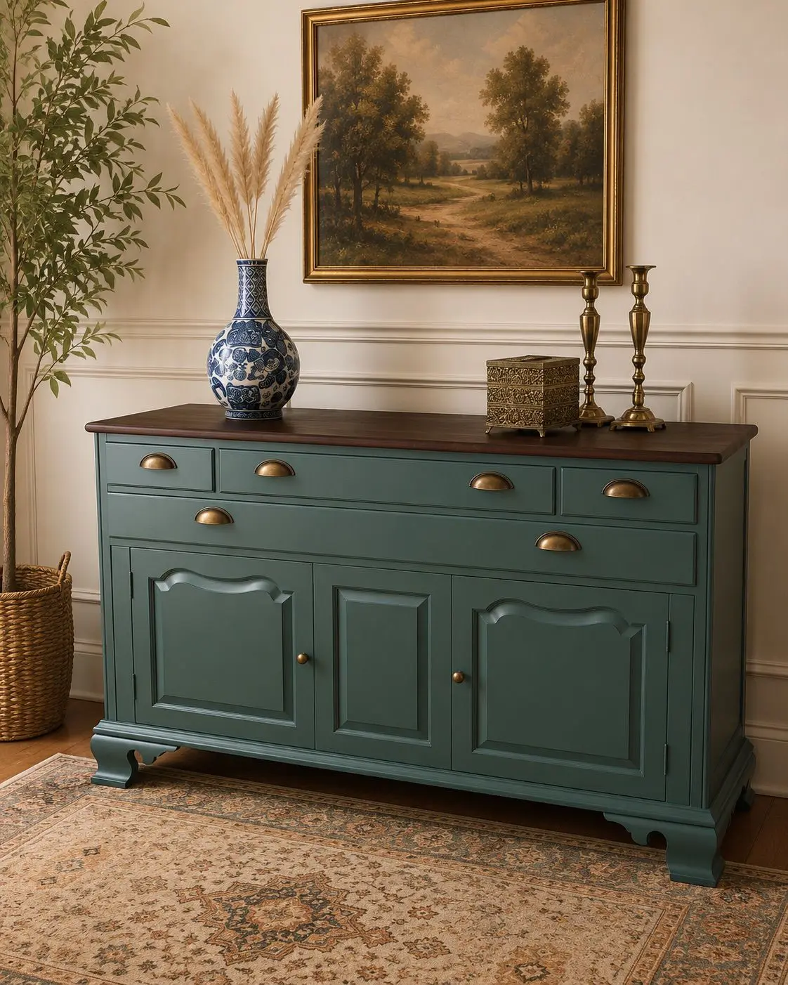 Green sideboard with a dark wood top and antique brass pulls