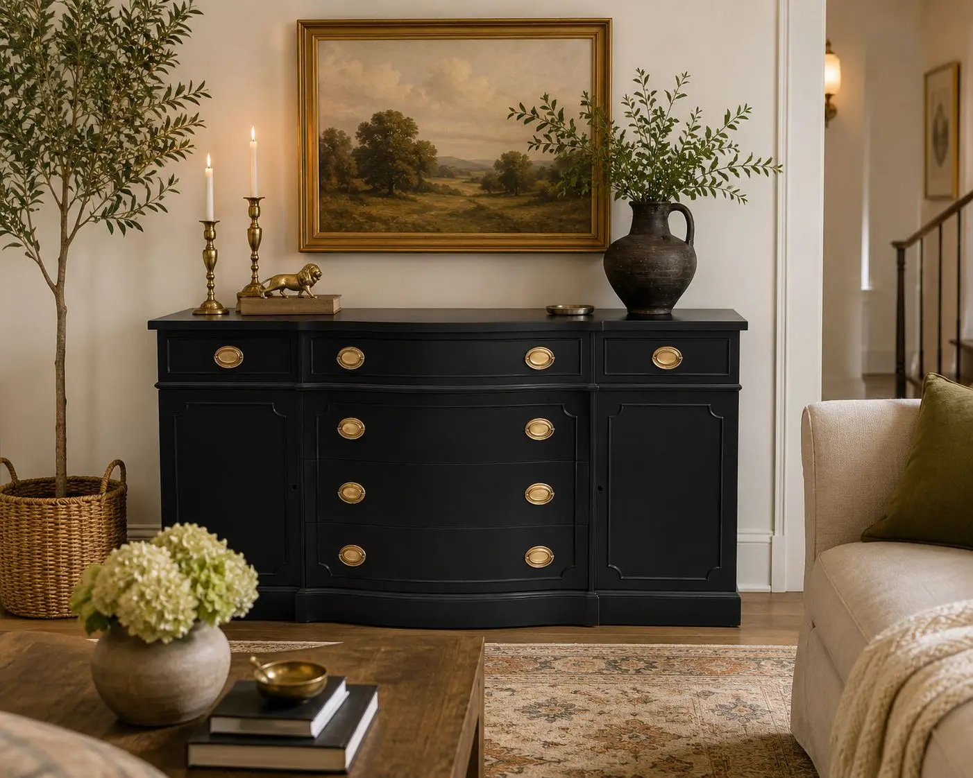 Black buffet with restored brass hardware in a styled living room
